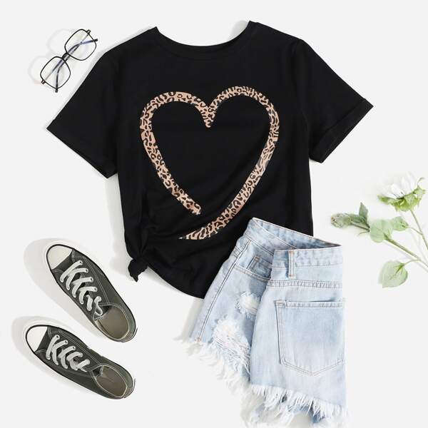 

Leopard Heart Print Tee, Black