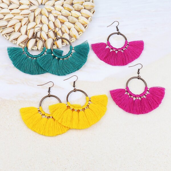 

3pairs Tassel Decor Drop Earrings, Multicolor