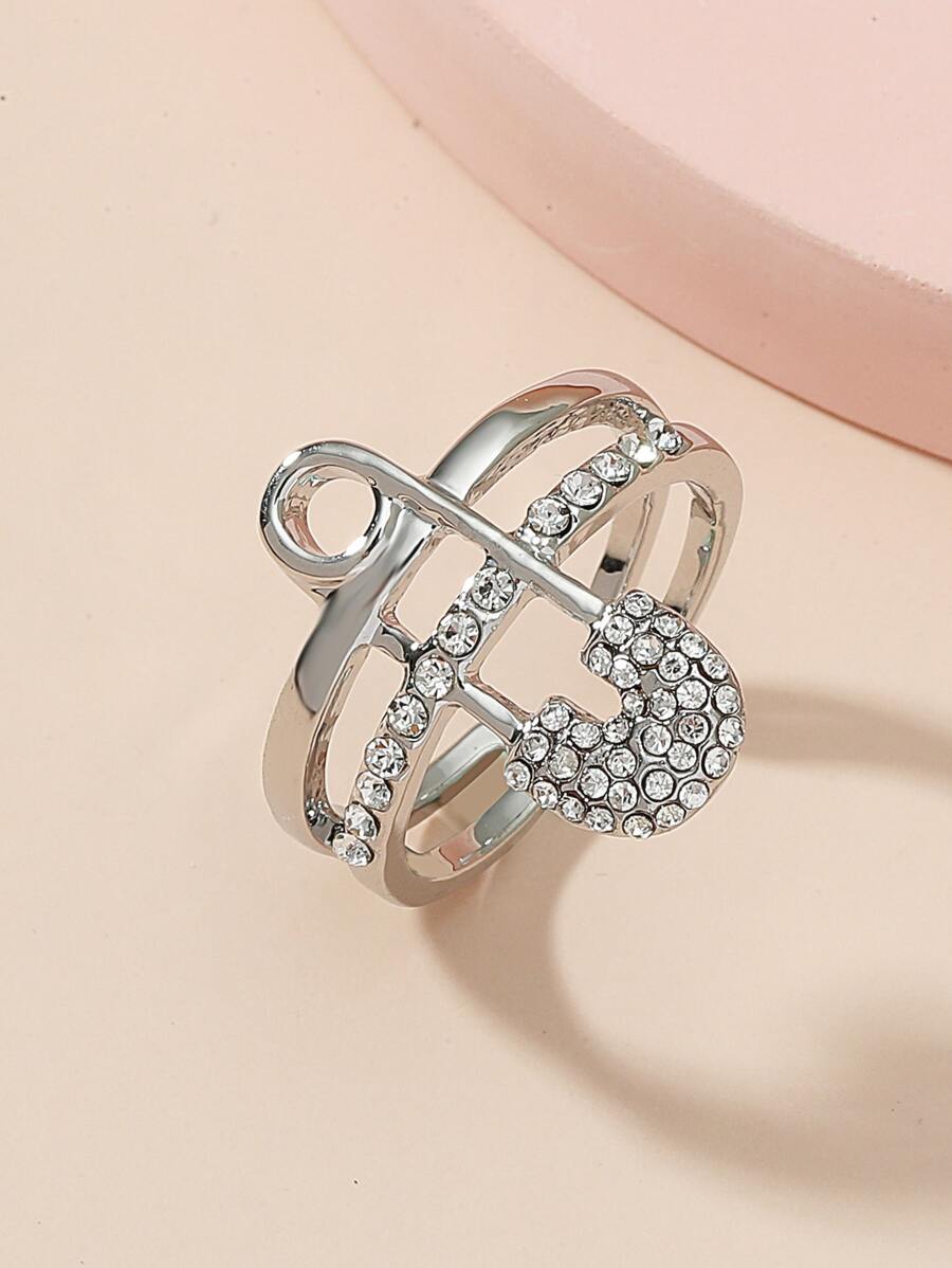 Rhinestone Safety Pin Decor Cuff Ring