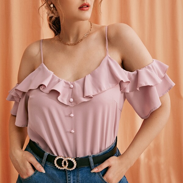 

Plus Solid Ruffle Trim Cold Shoulder Blouse, Dusty pink