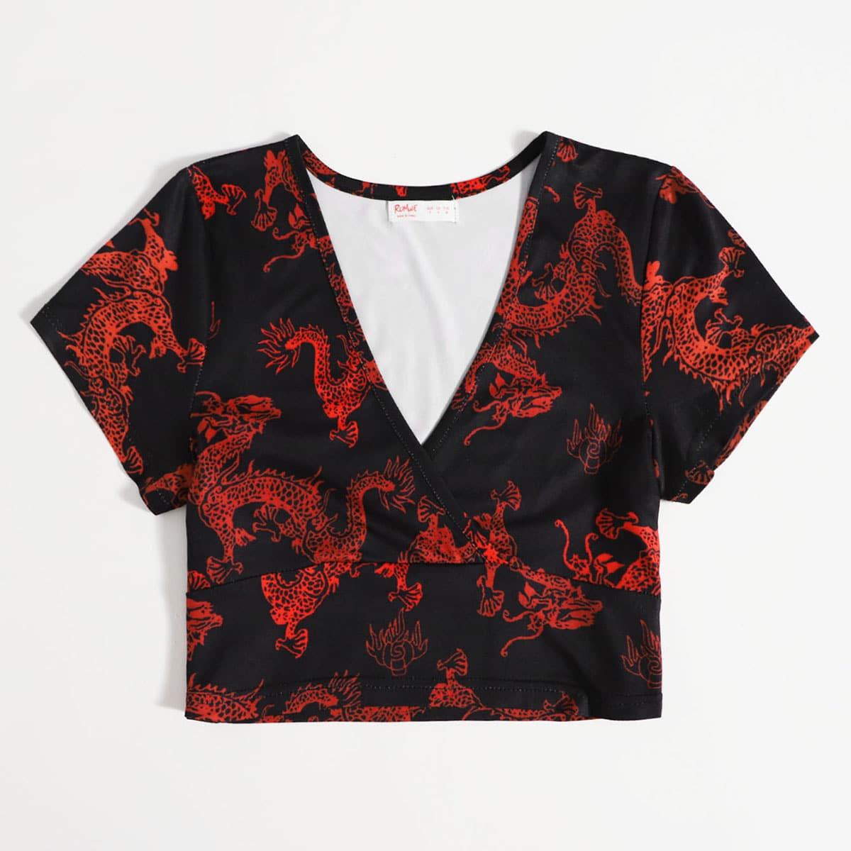 

Chinese Dragon Print Crop Tee, Black