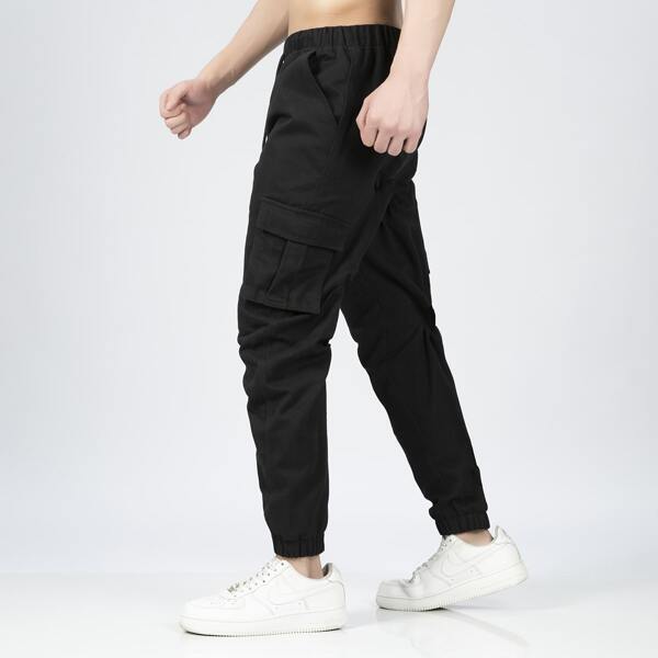 

Men Drawstring Waist Flap Pockets Cargo Pants, Black