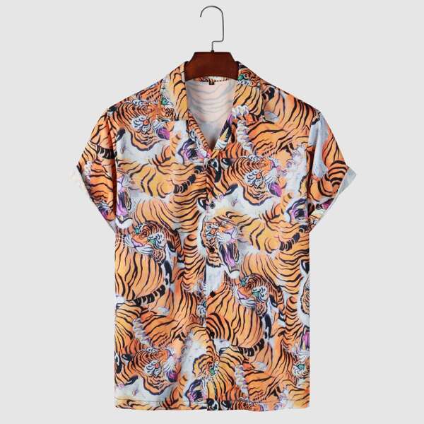 

Men Allover Tiger Print Button Front Shirt, Multicolor