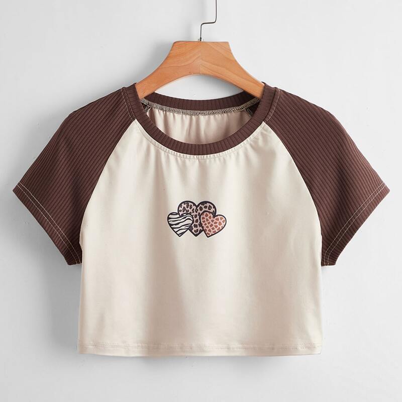 

Heart & Leopard Print Raglan Sleeve Tee, Multicolor