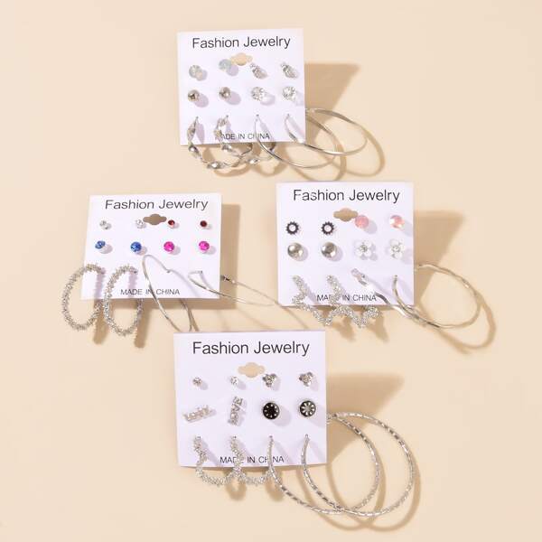 

24pairs Rhinestone Decor Earrings, Multicolor