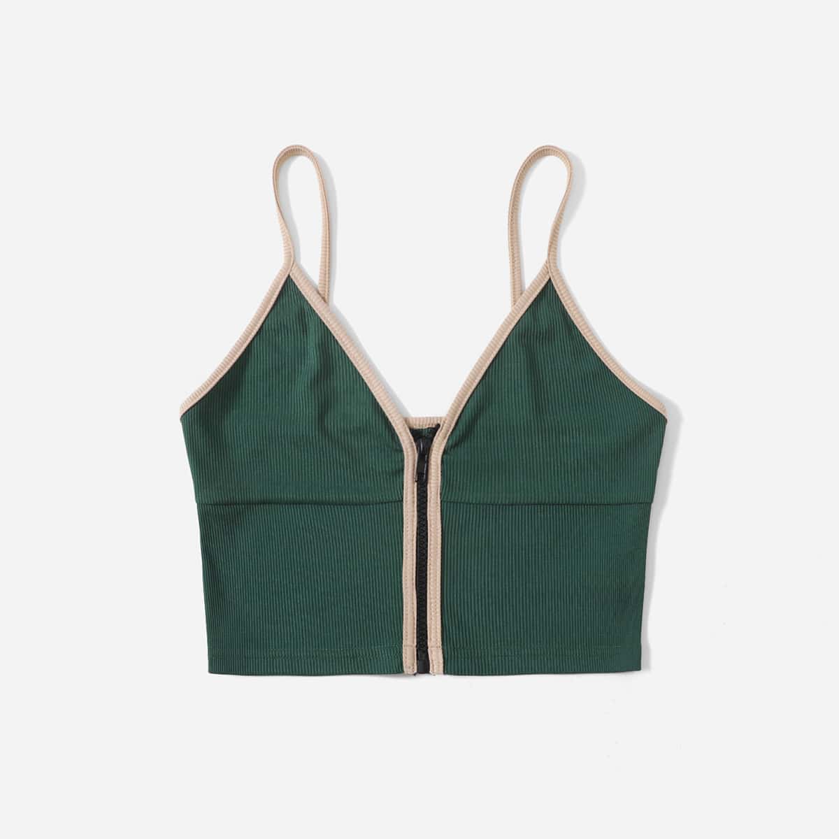 

Contrast Binding Zip Up Crop Cami, Dark green
