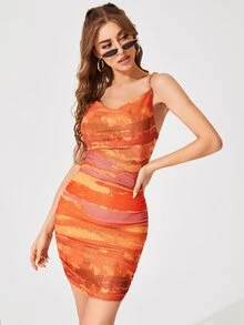 SHEIN Tie Dye Ruched Chain Straps Mini Cami Dress - Multicolor - View 5