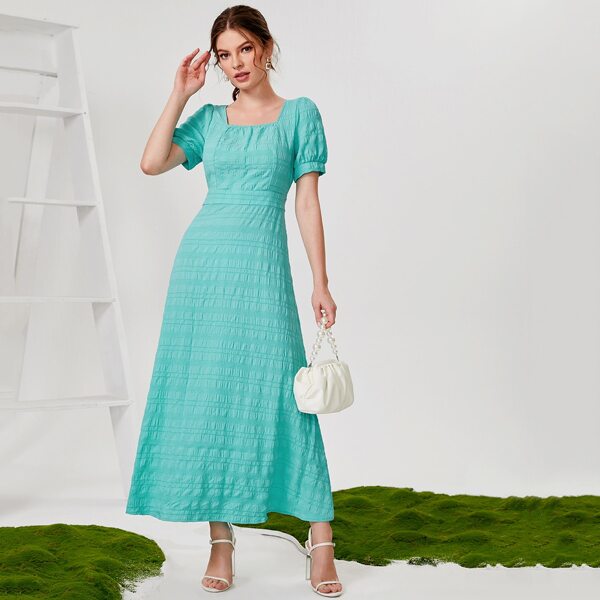 

Solid Tie Back Puff Sleeve Dress, Mint blue