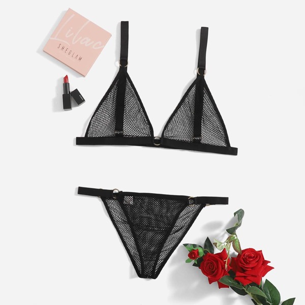 

Plus Sheer Mesh Lingerie Set, Black