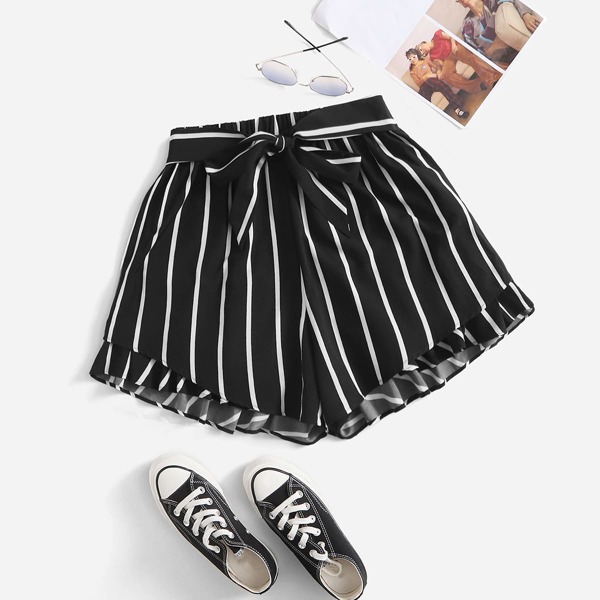 

Plus Striped Belted Shorts, Black