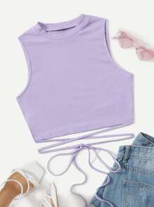 Muchica Crisscross Tie Back Crop Tank Top - Lilac Purple - View 1
