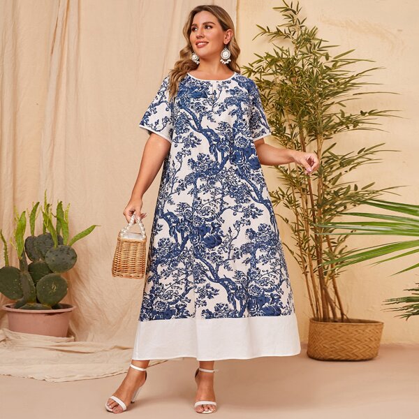 

Plus Floral Print Tunic Dress, Blue and white