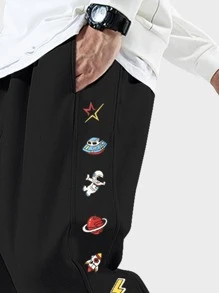 Manfinity Hombres Pantalones deportivos astronauta & con estampado de estrella - Negro - Ver 3