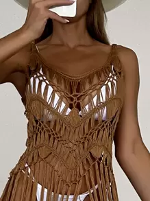 SHEIN Swim 流蘇下擺勾織罩衫 - 摩卡棕 - 查看 3