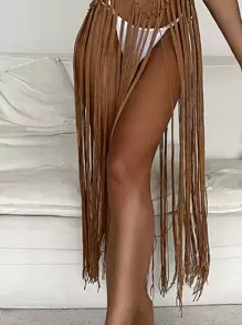 SHEIN Swim 流蘇下擺勾織罩衫 - 摩卡棕 - 查看 4