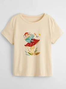 ROMWE Áo thun cổ tròn tay ngắn họa tiết ếch và nấm dễ thương cho nữ - Màu be - Xem 1