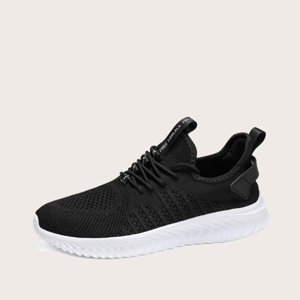 

Men Lace Up Decor Knit Running Shoes, Black