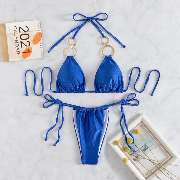 

Ring Linked Triangle Thong Bikini Swimsuit, Royal blue