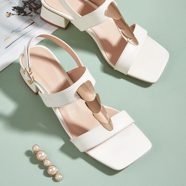 

Metal Decor Chunky Heeled Slingback Sandals, White