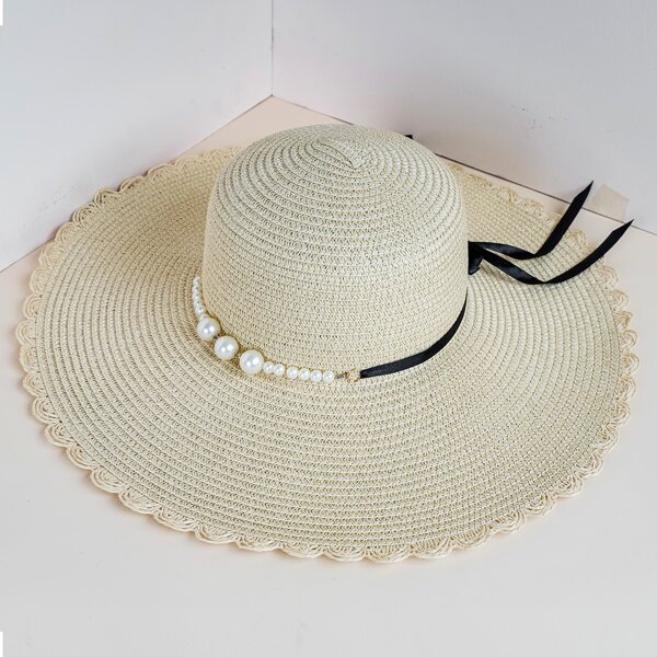 

Faux Pearl Decor Straw Hat, Beige