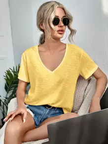 SHEIN LUNE 素色V領T恤 - 黃色 - 查看 1