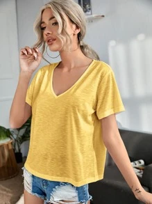 SHEIN LUNE 素色V領T恤 - 黃色 - 查看 4