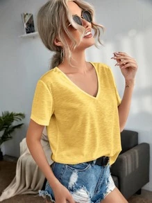 SHEIN LUNE 素色V領T恤 - 黃色 - 查看 5