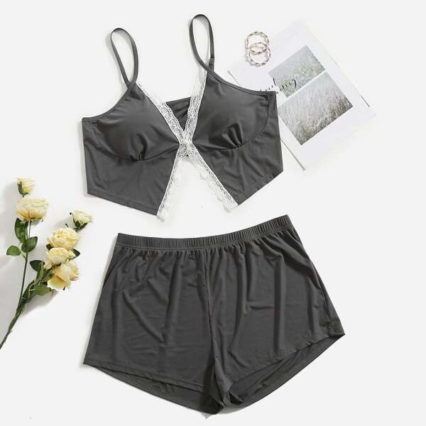 

Plus Contrast Lace Cami PJ Set, Dark grey