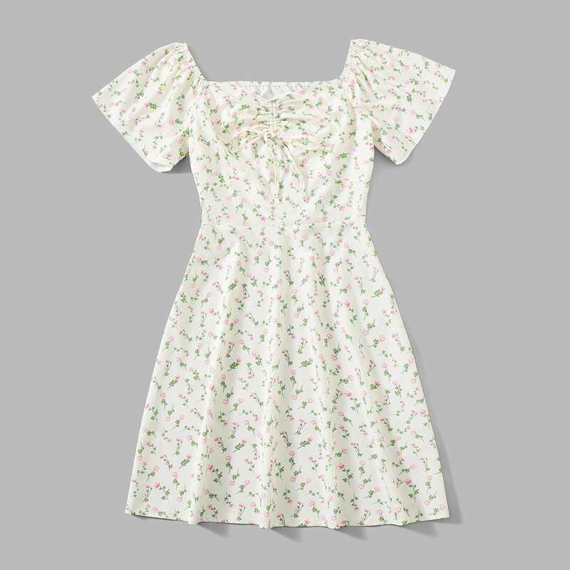 

Ditsy Floral Square Neck Drawstring Dress, White