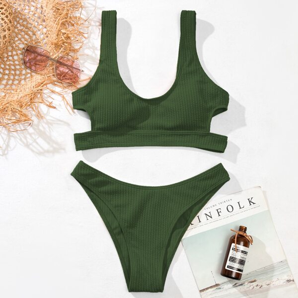 

Textured Cut-out Side Bikini Swimsuit, Army green