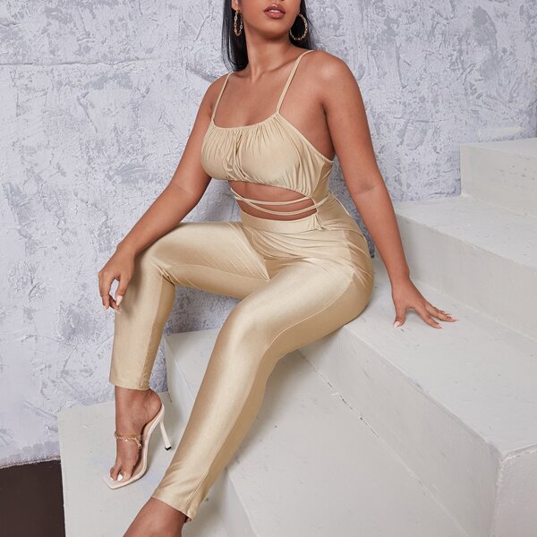 

Plus Cut Out Criss Cross Cami Jumpsuit, Champagne