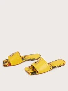 Funky Outdoors Flat Slippers For Women, Key & Lock Decor Floral Embroidered Artificial Leather Open Toe Slide Sandals