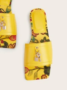 Funky Outdoors Flat Slippers For Women, Key & Lock Decor Floral Embroidered Artificial Leather Open Toe Slide Sandals
