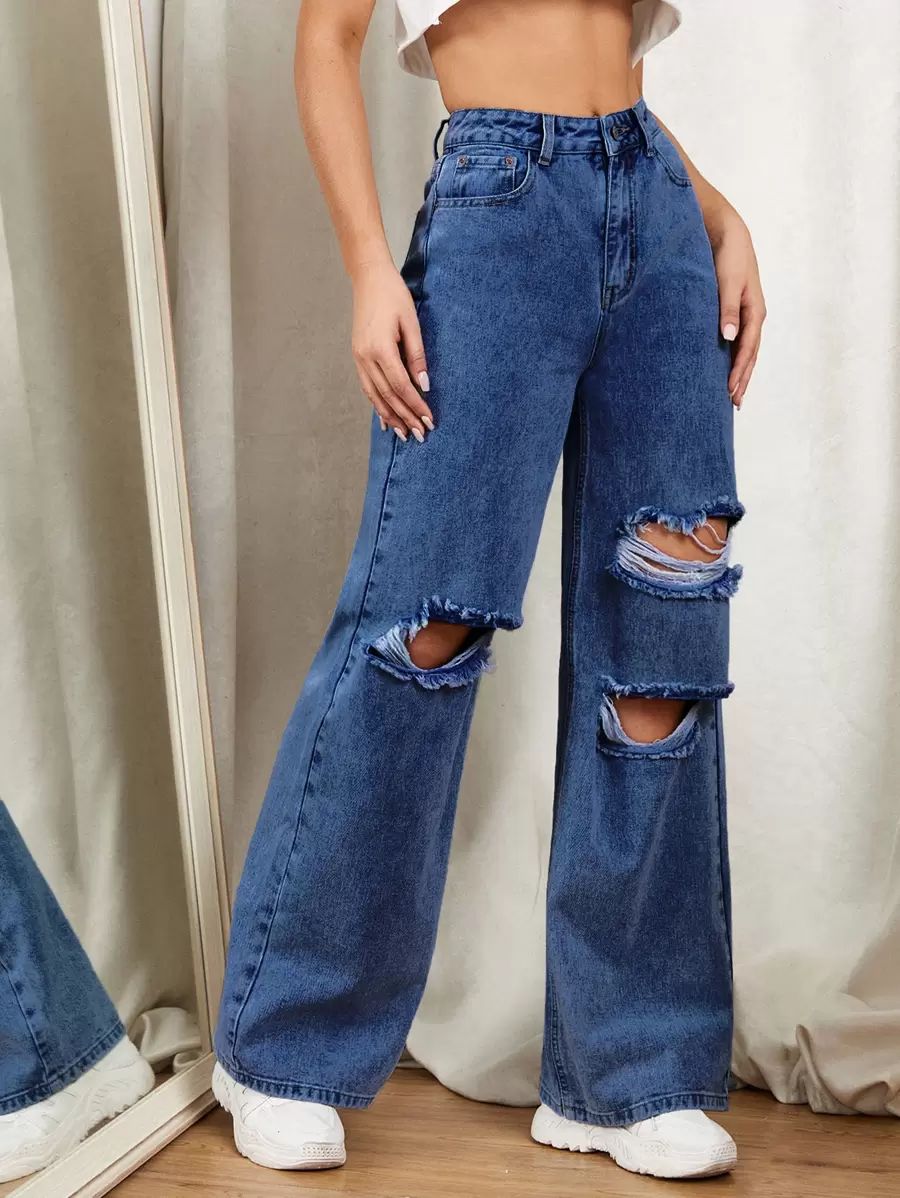 SHEIN EZwear Zipper Fly Ripped Detail Wide Leg Jeans - Dark Wash - View 1