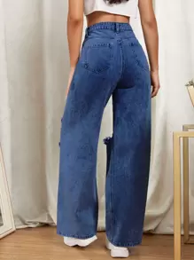 SHEIN EZwear Zipper Fly Ripped Detail Wide Leg Jeans - Dark Wash - View 2