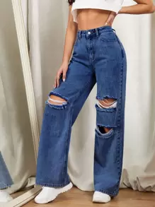 SHEIN EZwear Zipper Fly Ripped Detail Wide Leg Jeans - Dark Wash - View 3