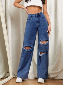 SHEIN EZwear Zipper Fly Ripped Detail Wide Leg Jeans - Dark Wash - View 4