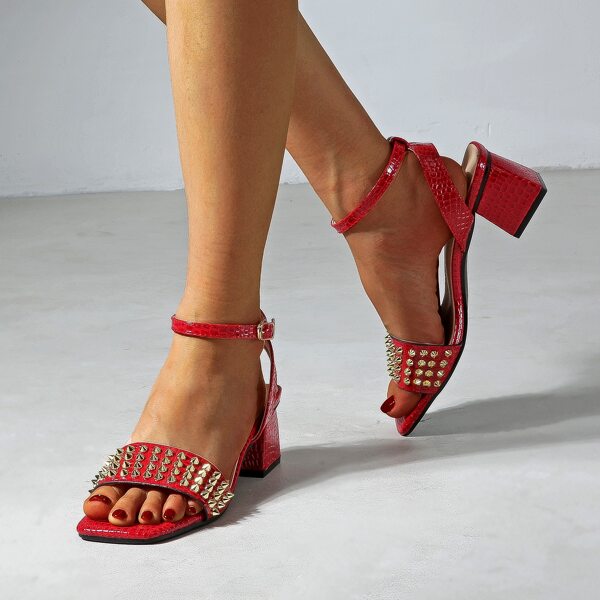 

Spiked Decor Ankle Strap Thong Sandals, Red