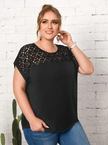 EMERY ROSE Plus Guipure Lace Yoke Cuffed Sleeve Top - Black - View 5