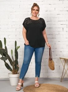 EMERY ROSE Plus Guipure Lace Yoke Cuffed Sleeve Top - Black - View 3