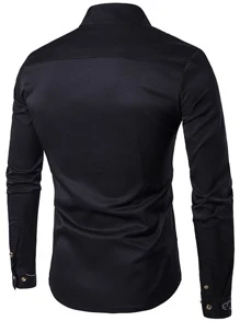 Manfinity Homme Camisa De Botones Para Hombres Con Cuello Alto - Negro - Ver 2