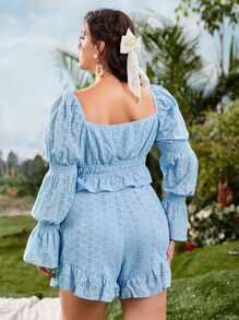 SHEIN Plus Gathered Sleeve Tie Front Schiffy Top - Baby Blue - View 2