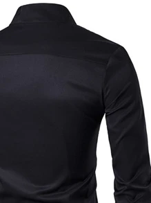 Manfinity Homme Camisa De Botones Para Hombres Con Cuello Alto - Negro - Ver 3