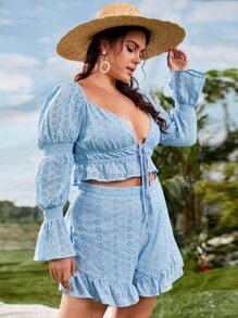 SHEIN Plus Gathered Sleeve Tie Front Schiffy Top - Baby Blue - View 3