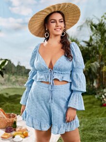 SHEIN Plus Gathered Sleeve Tie Front Schiffy Top - Baby Blue - View 4