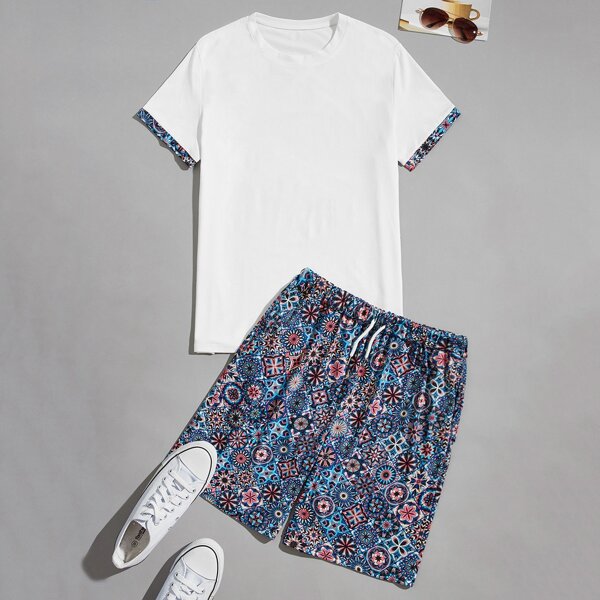 

Men Contrast Binding Tee & Drawstring Shorts, White