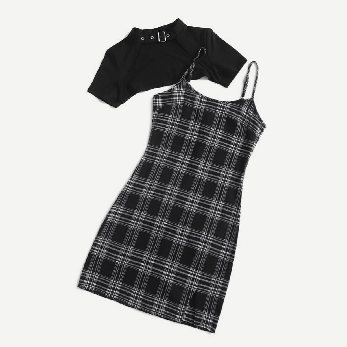 

Plaid Bodycon Cami Dress & Top, Black