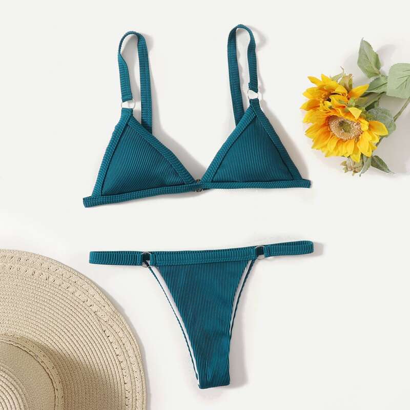 Solid Triangle Bikini Swimsuit, Teal blue
