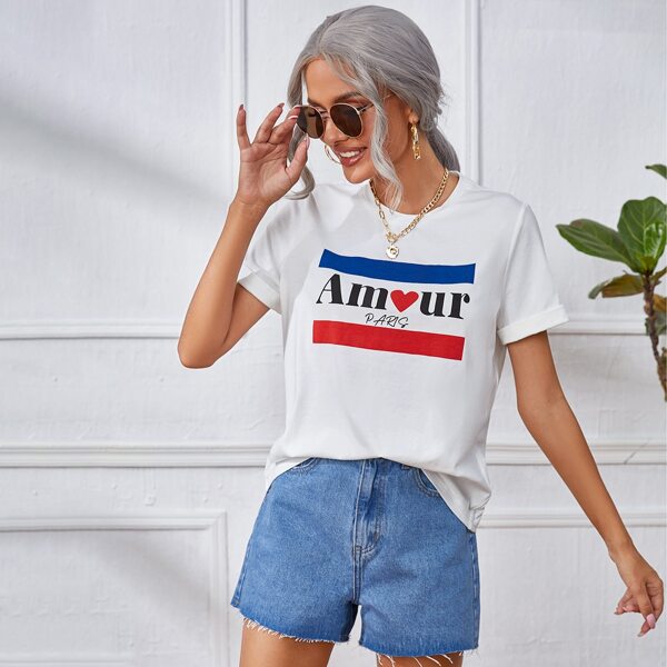 

Letter & Heart Print Rolled Cuff Tee, White