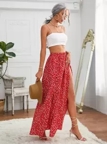 SHEIN Frenchy 吊帶上衣和小碎花開衩大腿半身裙套裝 - 紅白色 - 查看 4